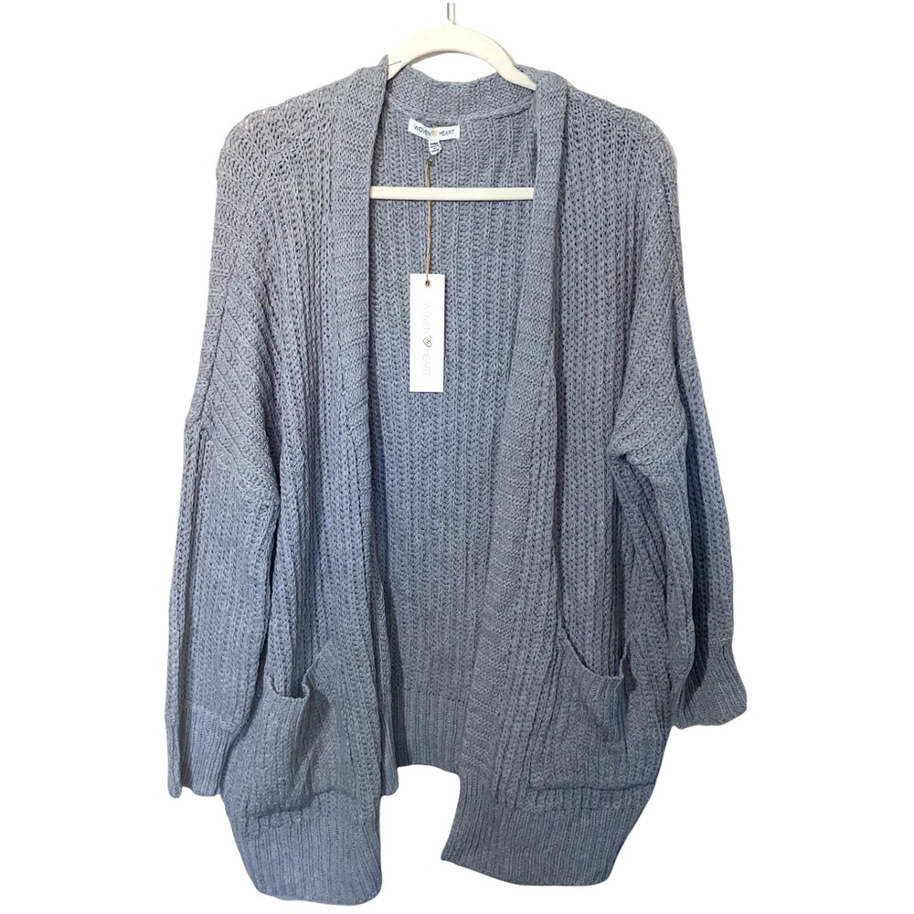 Woven Heart Gray Open Front Cardigan Sweater with pockets Size One